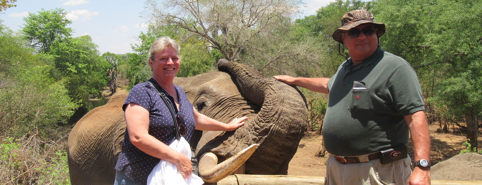 Man and woman standing and smiling while petting an elephant